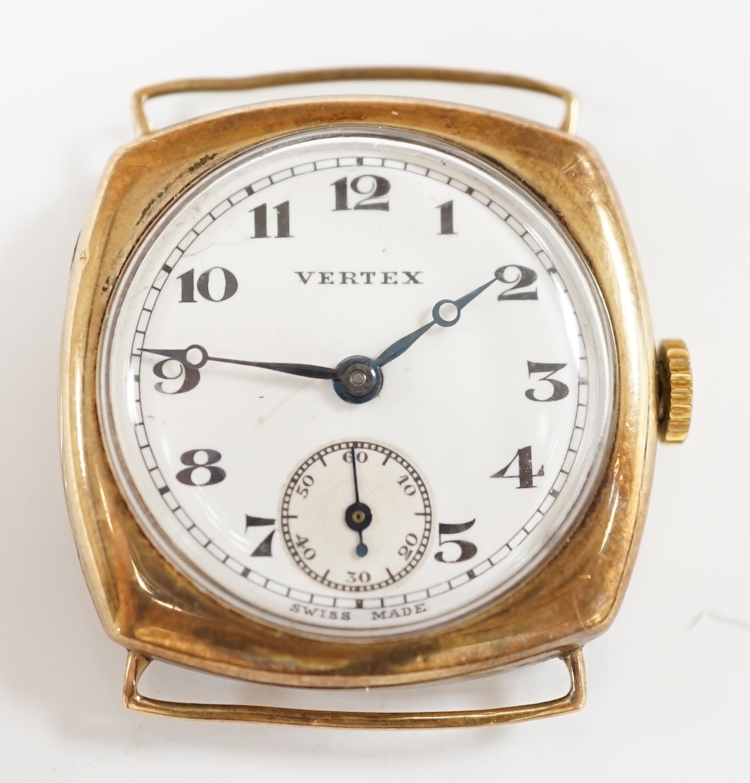 A 1920's 9ct gold Vertex manual wind wrist watch, no strap, with Arabic dial and engraved inscription, gross weight 20.4 grams. Condition - poor